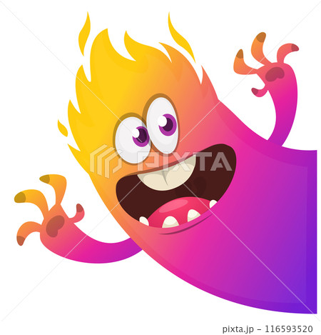 Cartoon scary monster with funny face expression waving hands . Vector illustration isolated on white. Halloween design Cartoon scary monster with funny face expression waving hands . Vector illustration isolated on white. Halloween design 116593520