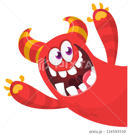Cartoon scary monster with funny face expression waving hands . Vector illustration isolated on white. Halloween design 116593530