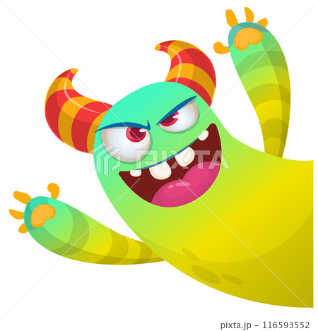 Cartoon cute monster with funny excited face expression waving hands . Vector illustration isolated on white. Halloween design 116593552