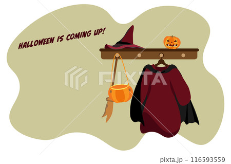 ハンガーにかけたハロウィンの魔女の衣装のイラスト3横 116593559