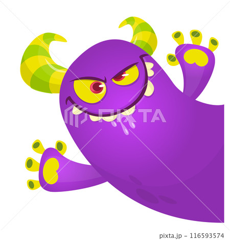 Cartoon scary monster with funny face expression waving hands . Vector illustration isolated on white. Halloween design Cartoon scary monster with funny face expression waving hands . Vector illustration isolated on white. Halloween design 116593574