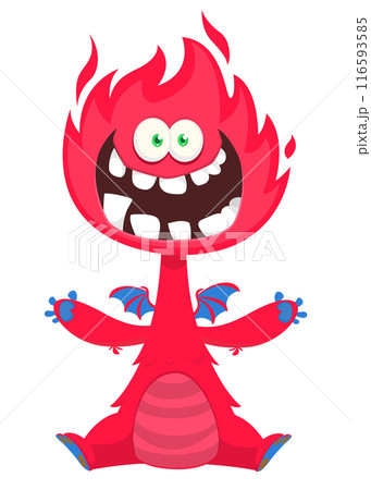 Cartoon happy monster with funny face expression sitting. Vector illustration isolated on white. Great for Halloween party or package design Cartoon happy monster with funny face expression sitting. Vector illustration isolated on white. Great for Halloween party or package design 116593585