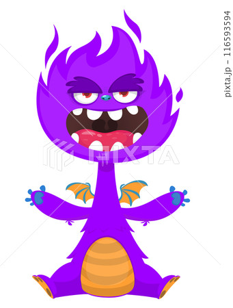 Cartoon happy adorable monster sitting and waving hands. Vector illustration isolated on white. Great for Halloween party or package design Cartoon happy adorable monster sitting and waving hands. Vector illustration isolated on white. Great for Halloween party or package design 116593594