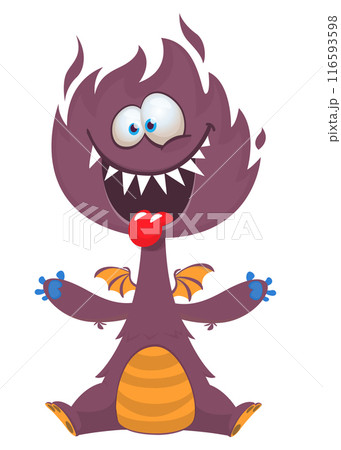 Cartoon happy monster with funny face expression sitting. Vector illustration isolated on white. Great for Halloween party or package design Cartoon happy monster with funny face expression sitting. Vector illustration isolated on white. Great for Halloween party or package design 116593598