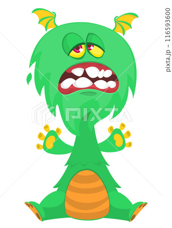 Cartoon happy monster with funny face expression sitting. Vector illustration isolated on white. Great for Halloween party or package design Cartoon happy monster with funny face expression sitting. Vector illustration isolated on white. Great for Halloween party or package design 116593600