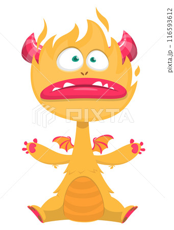 Cartoon happy monster with funny face expression sitting. Vector illustration isolated on white. Great for Halloween party or package design Cartoon happy monster with funny face expression sitting. Vector illustration isolated on white. Great for Halloween party or package design 116593612