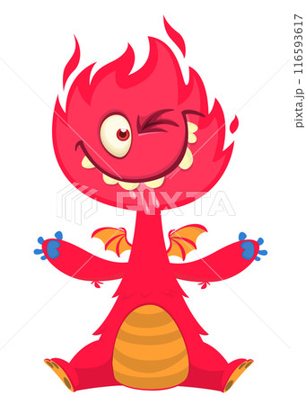 Cartoon happy monster with funny face expression sitting. Vector illustration isolated on white. Great for Halloween party or package design Cartoon happy monster with funny face expression sitting. Vector illustration isolated on white. Great for Halloween party or package design 116593617