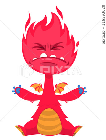 Cartoon happy monster with funny face expression sitting. Vector illustration isolated on white. Great for Halloween party or package design Cartoon happy monster with funny face expression sitting. Vector illustration isolated on white. Great for Halloween party or package design 116593629