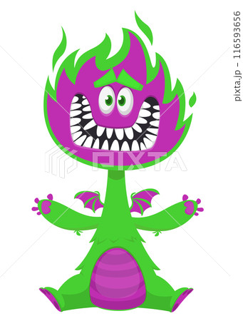Cartoon happy monster with funny face expression sitting. Vector illustration isolated on white. Great for Halloween party or package design Cartoon happy monster with funny face expression sitting. Vector illustration isolated on white. Great for Halloween party or package design 116593656