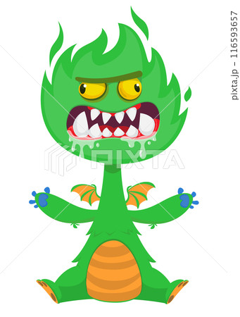 Cartoon angry monster with scary face expression screaming.  Vector illustration isolated on white. Great for Halloween party or package design 116593657