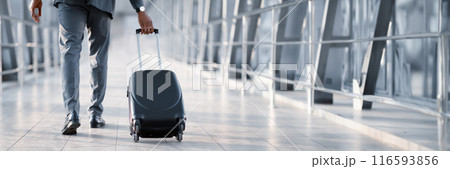 Cropped of African American Businessman At Airport Moving To Terminal Gate For Business Trip, Back View, Panorama With Copy Space 116593856