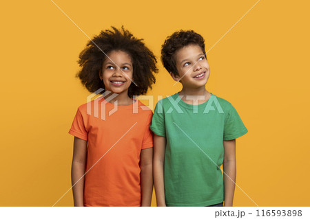 Two African American children, wearing vibrant t-shirts, stand in front of a solid orange background. They are standing close together, looking directly at the camera. Two African American children, wearing vibrant t-shirts, stand in front of a solid orange background. They are standing close together, looking directly at the camera. 116593898