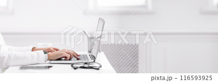 Job Search. Side view of unrecognizable woman using laptop, typing on keyboard, cropped. Free space, panorama 116593925