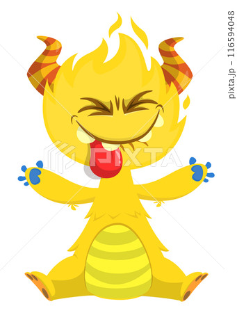 Cartoon happy monster showing long tongue. Vector illustration isolated on white. Great for Halloween party or package design Cartoon happy monster showing long tongue. Vector illustration isolated on white. Great for Halloween party or package design 116594048