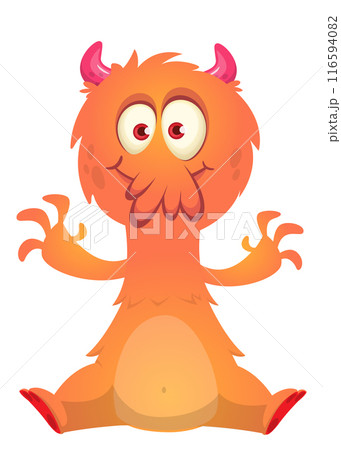 Cartoon happy monster with funny face expression sitting. Vector illustration isolated on white. Great for Halloween party or package design Cartoon happy monster with funny face expression sitting. Vector illustration isolated on white. Great for Halloween party or package design 116594082
