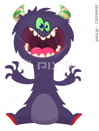 Cartoon happy monster with funny face expression sitting. Vector illustration isolated on white. Great for Halloween party or package design Cartoon happy monster with funny face expression sitting. Vector illustration isolated on white. Great for Halloween party or package design 116594092