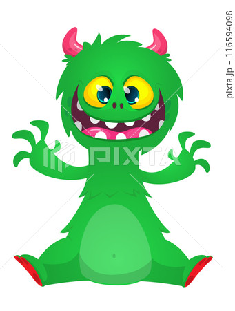 Cartoon happy monster with funny face expression sitting. Vector illustration isolated on white. Great for Halloween party or package design Cartoon happy monster with funny face expression sitting. Vector illustration isolated on white. Great for Halloween party or package design 116594098