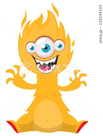 Cartoon happy monster three eyes sitting and waving hands.  Vector illustration isolated on white. Great for Halloween party or package design 116594103