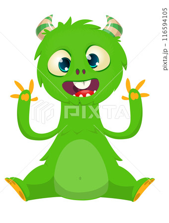 Cartoon happy monster with funny face expression sitting.  Vector illustration isolated on white. Great for Halloween party or package design 116594105