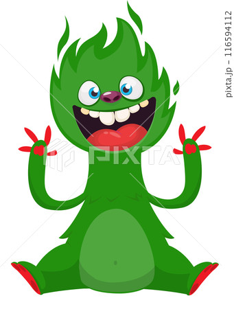 Cartoon happy monster with funny face expression sitting. Vector illustration isolated on white. Great for Halloween party or package design Cartoon happy monster with funny face expression sitting. Vector illustration isolated on white. Great for Halloween party or package design 116594112