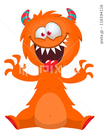 Cartoon happy monster with funny face expression sitting.  Vector illustration isolated on white. Great for Halloween party or package design 116594116
