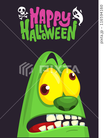 Cartoon funny green zombie character design with scary face expression and pink brains out. Halloween vector illustration isolated on white. Party invitation, package design Cartoon funny green zombie character design with scary face expression and pink brains out. Halloween vector illustration isolated on white. Party invitation, package design 116594160