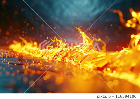 A fire is burning in the ocean, with the flames reaching up into the sky with Generative AI 116594180