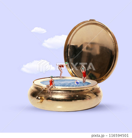 Contemporary art collage. Beauty and recreation. Compact mirror transformed into pool with young girl swimming there against pastel background with clouds 116594501