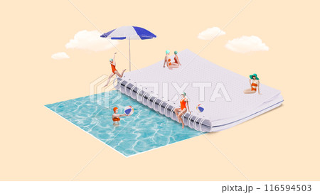 Contemporary art collage. Notebook turned into pool where young woman relaxing, swimming against beige background with clods. Contemporary art collage. Notebook turned into pool where young woman relaxing, swimming against beige background with clods. 116594503