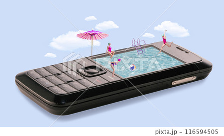 Contemporary art collage. vintage phone turned into pool where young woman relaxing and swimming against blue background with clouds. Contemporary art collage. vintage phone turned into pool where young woman relaxing and swimming against blue background with clouds. 116594505