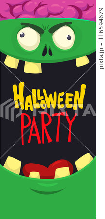Cartoon funny green zombie character design with scary face expression and pink. Halloween vector illustration 116594679