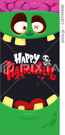 Cartoon funny green zombie character design with scary face expression and pink brains out. Halloween vector illustration isolated on white. Party invitation, package design Cartoon funny green zombie character design with scary face expression and pink brains out. Halloween vector illustration isolated on white. Party invitation, package design 116594686