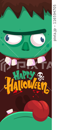 Cartoon funny green zombie character design with scary face expression and pink brains out. Halloween vector illustration isolated on white. Party invitation, package design Cartoon funny green zombie character design with scary face expression and pink brains out. Halloween vector illustration isolated on white. Party invitation, package design 116594705