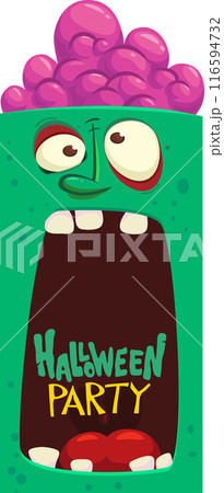 Cartoon funny green zombie character design with scary face expression and pink brains out. Halloween vector illustration isolated on white. Party invitation, package design Cartoon funny green zombie character design with scary face expression and pink brains out. Halloween vector illustration isolated on white. Party invitation, package design 116594732