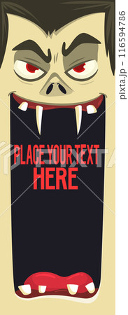 Funny cartoon vampire character design with big open mouth, tongue, fangs. Count dracula face mask avatar. Halloween illustration vector isolated. Party or package design Funny cartoon vampire character design with big open mouth, tongue, fangs. Count dracula face mask avatar. Halloween illustration vector isolated. Party or package design 116594786