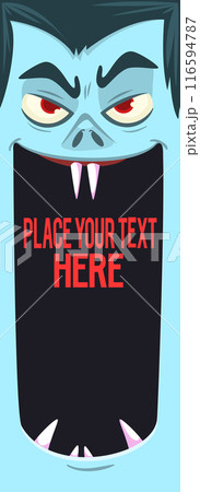 Funny cartoon vampire character design with big open mouth, tongue, fangs. Count dracula face mask avatar. Halloween illustration vector isolated. Party or package design Funny cartoon vampire character design with big open mouth, tongue, fangs. Count dracula face mask avatar. Halloween illustration vector isolated. Party or package design 116594787