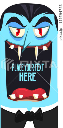 Funny cartoon vampire character design with big open mouth, tongue, fangs. Vampire face mask avatar. Halloween illustration vector isolated. Party or package design Funny cartoon vampire character design with big open mouth, tongue, fangs. Vampire face mask avatar. Halloween illustration vector isolated. Party or package design 116594788
