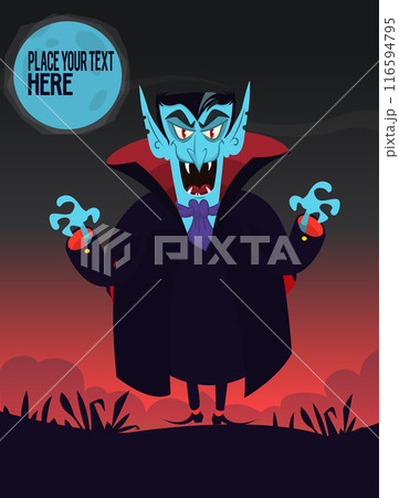 Funny cartoon vampire character design with big open mouth, tongue, fangs standing on night background. Halloween illustration vector isolated 116594795