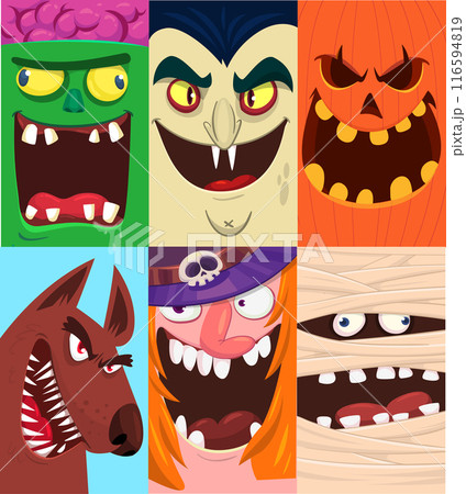 Halloween funny faces set of four characters. Cartoon heads of grim reaper, pumpkin Jack o lntern zombie, vampire and mummy. Vector illustration isolated. Party decoration or package design. Halloween funny faces set of four characters. Cartoon heads of grim reaper, pumpkin Jack o lntern zombie, vampire and mummy. Vector illustration isolated. Party decoration or package design. 116594819