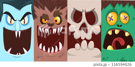 Halloween funny faces set of four characters. Cartoon heads of grim reaper, pumpkin Jack o lntern zombie, vampire and mummy. Vector illustration isolated. Party decoration or package design. Halloween funny faces set of four characters. Cartoon heads of grim reaper, pumpkin Jack o lntern zombie, vampire and mummy. Vector illustration isolated. Party decoration or package design. 116594826