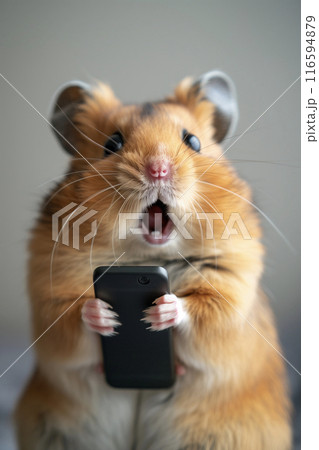 スマホを見てびっくりしているハムスター スマホを見てびっくりしているハムスター 116594879