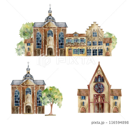Old European city town street house church. Historical cityscape religious building, green trees. Watercolor hand drawn illustration. Tourist shops, souvenirs, travel brochures, architectural bureau 116594898