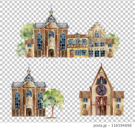 Old European city town street house church. Historical cityscape religious building, green trees. Watercolor hand drawn illustration. Tourist shops, souvenirs, travel brochures, architectural bureau 116594898
