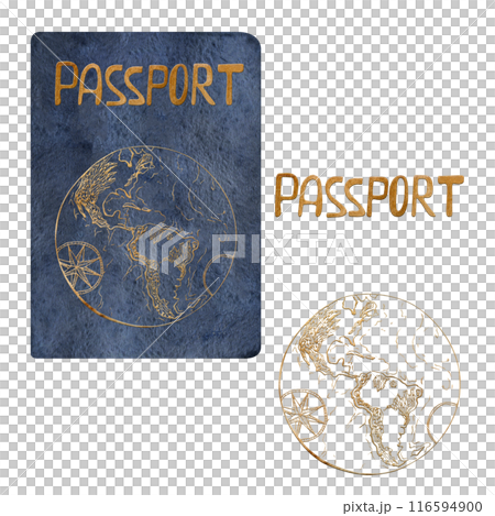 Multinational world passport id official document with gold letters and globe. Watercolor hand drawn illustration of isolated object. Design for tourism, travel, brochure, guide, print, card, tattoo 116594900