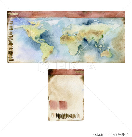 Multinational world id document, plane train ferry ticket coupon permit with map. Watercolor hand drawn vintage illustration. Design for tourism, travel, brochure, wedding, guide, print, card tattoo. 116594904