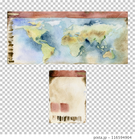 Multinational world id document, plane train ferry ticket coupon permit with map. Watercolor hand drawn vintage illustration. Design for tourism, travel, brochure, wedding, guide, print, card tattoo. 116594904