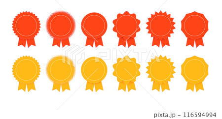 Medal set with ribbon. Trophy award badges, achievement flat label. Vector 116594994