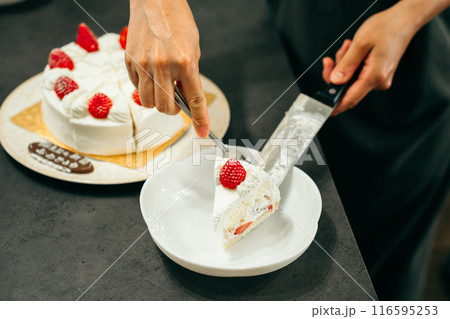 ケーキを切り分ける女性の手 116595253