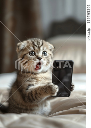 スマホを見て驚いているスコ猫 116595391