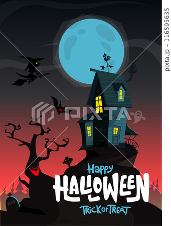 Halloween haunted house cartoon illustration. Vector horror scary mansion on the night background with moon. Party poster 116595635